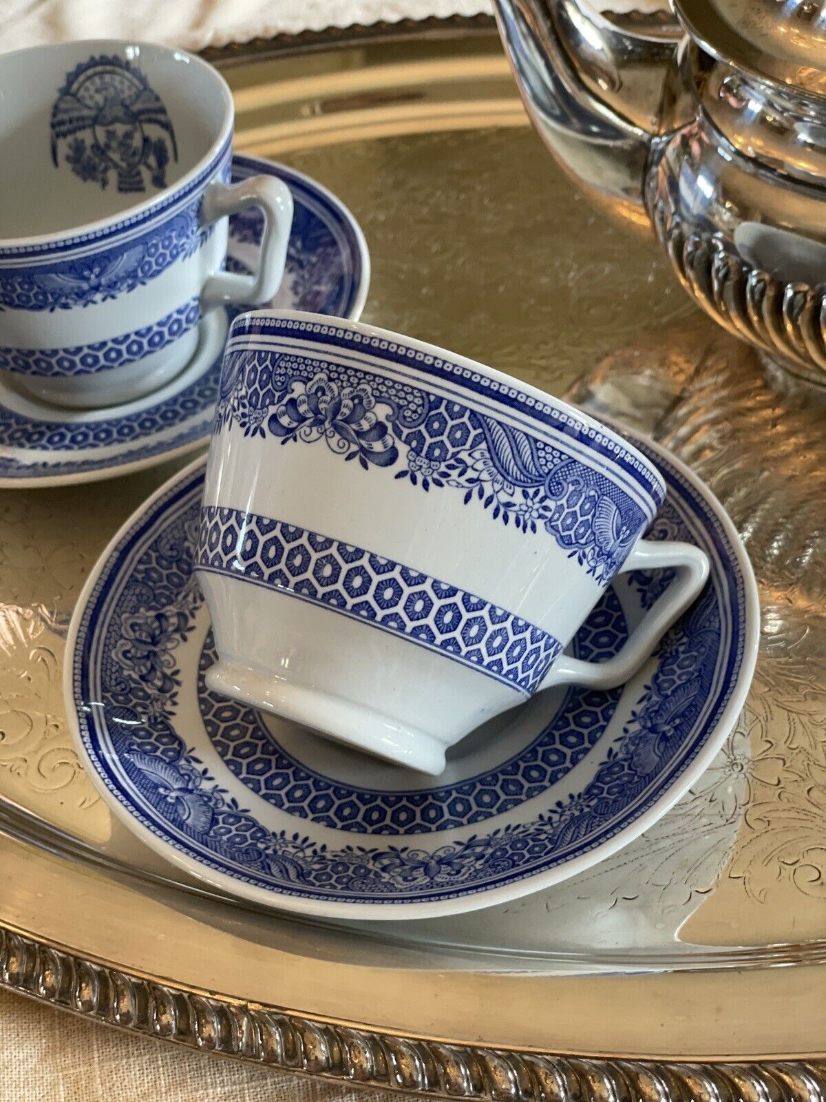 Blue & White Transferware 2 Cups & Saucers VINTAGE Copeland Spode HERITAGE