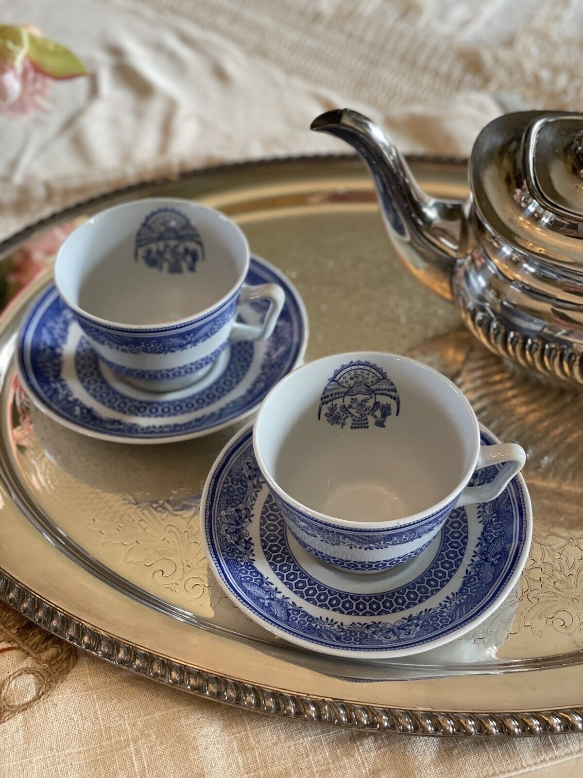 Blue & White Transferware 2 Cups & Saucers VINTAGE Copeland Spode HERITAGE