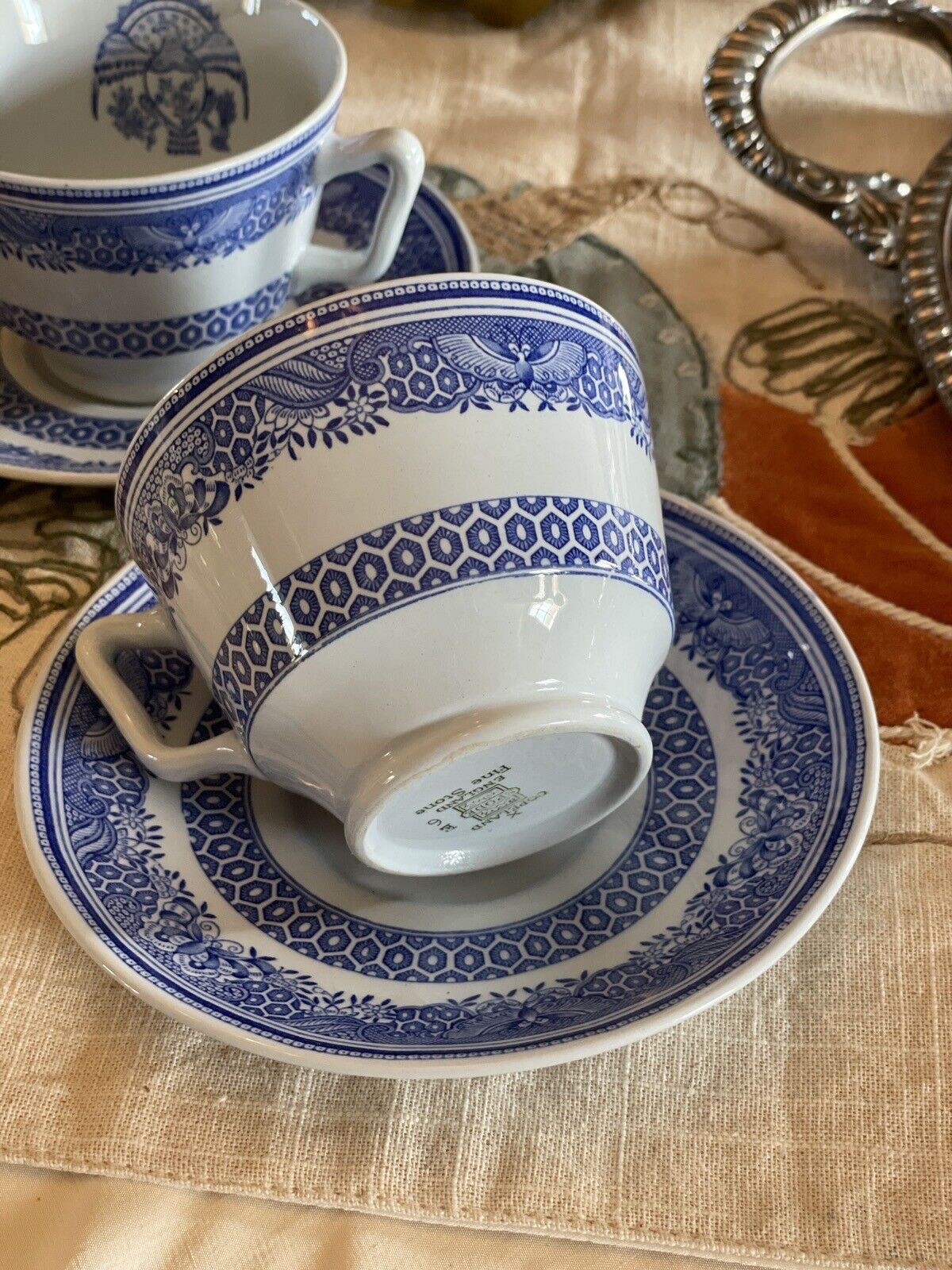 Blue & White Transferware 2 Cups & Saucers VINTAGE Copeland Spode HERITAGE