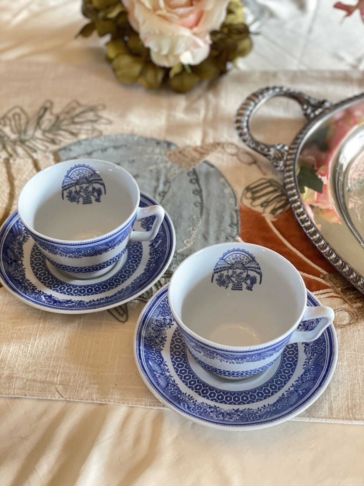 Blue & White Transferware 2 Cups & Saucers VINTAGE Copeland Spode HERITAGE