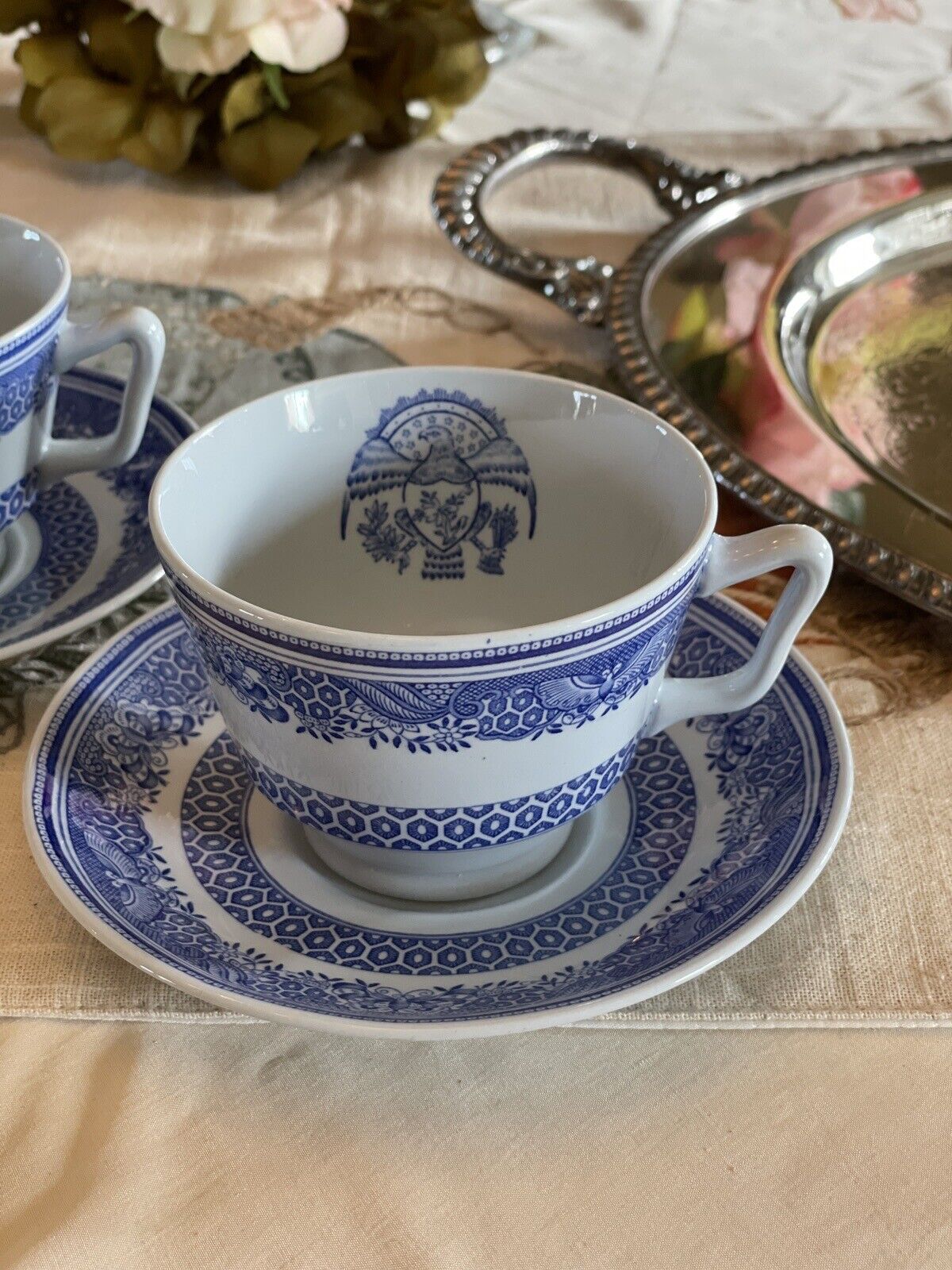 Blue & White Transferware 2 Cups & Saucers VINTAGE Copeland Spode HERITAGE