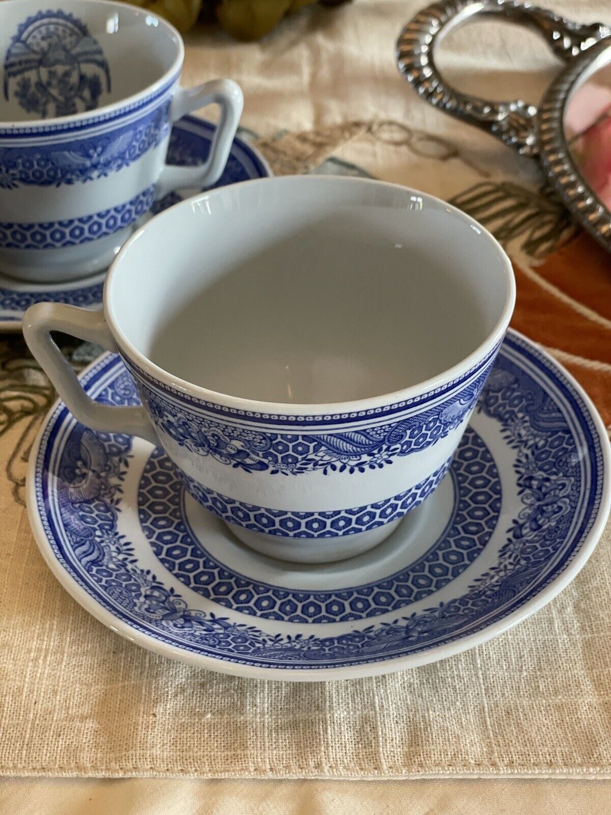 Blue & White Transferware 2 Cups & Saucers VINTAGE Copeland Spode HERITAGE