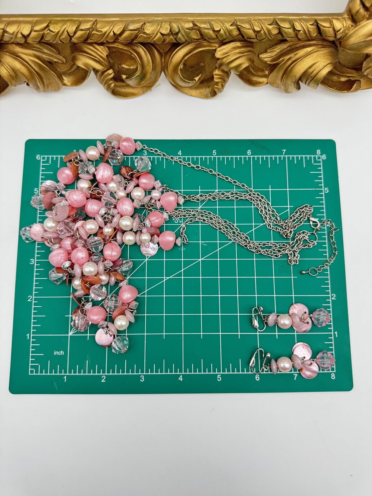 Vintage 3 Strand Necklace Shell & Faux Pearl Pink Beads Silver Tone with Earrings