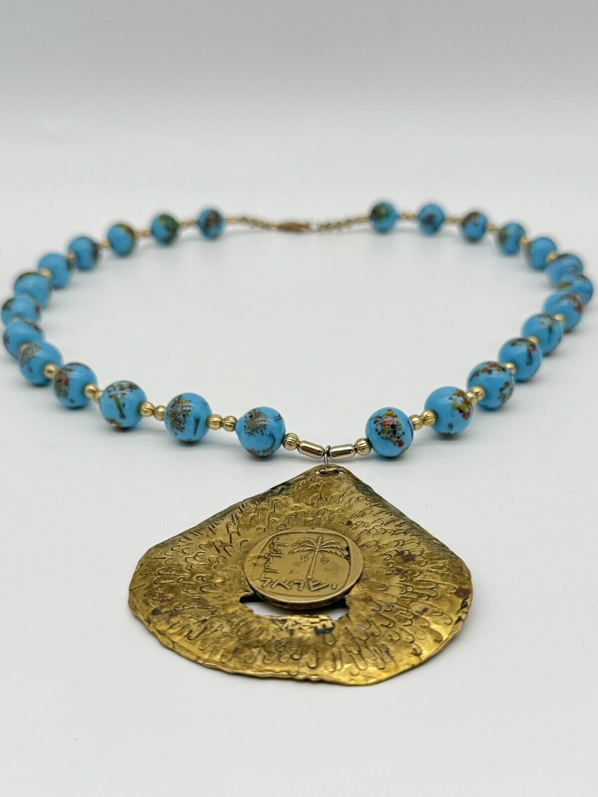 Vintage Turquoise Glass Beads With Large Gold Tone Pendant Signed Michael T