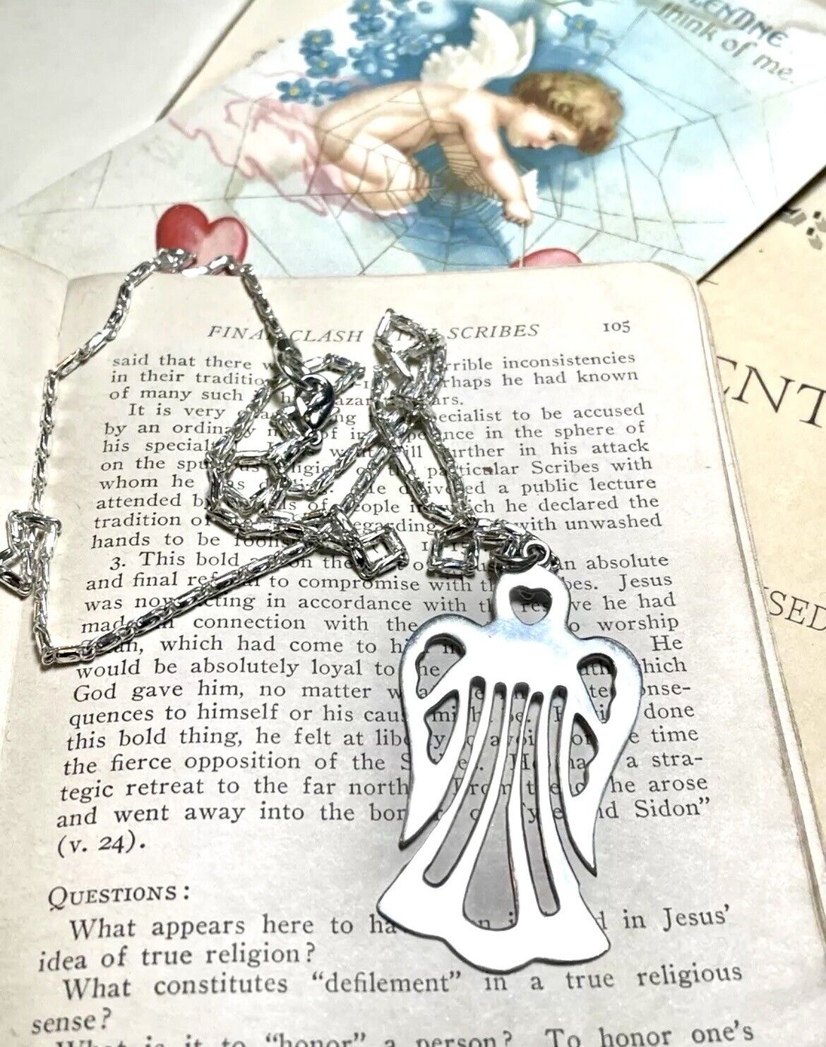 ANGEL Heart Pendant Sterling Silver 925 Openwork 2” & Unmarked Chain 12”