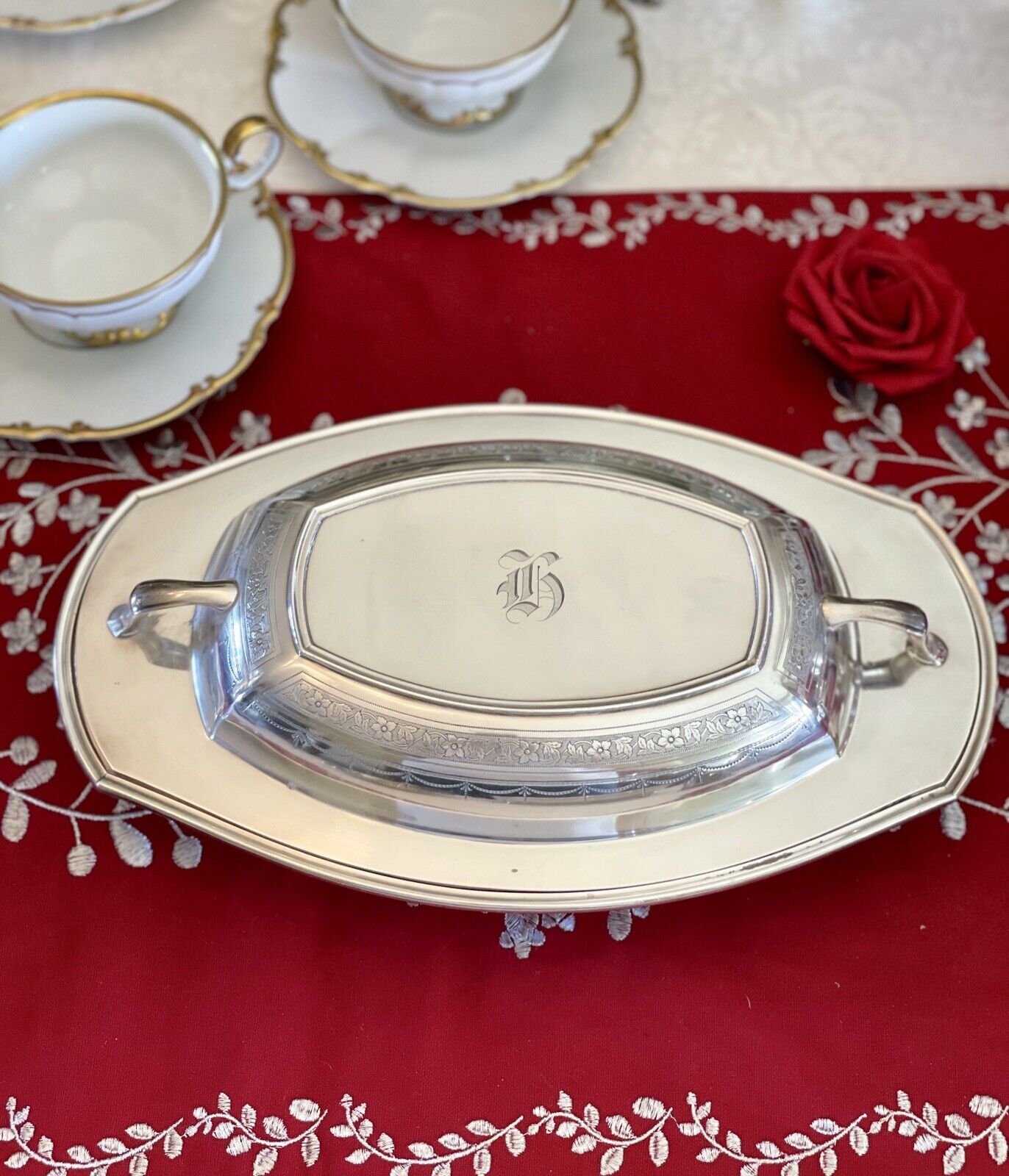 Antique Lidded Silverplate Edwardian Entree Dish Monogrammed Chased COMMUNITY
