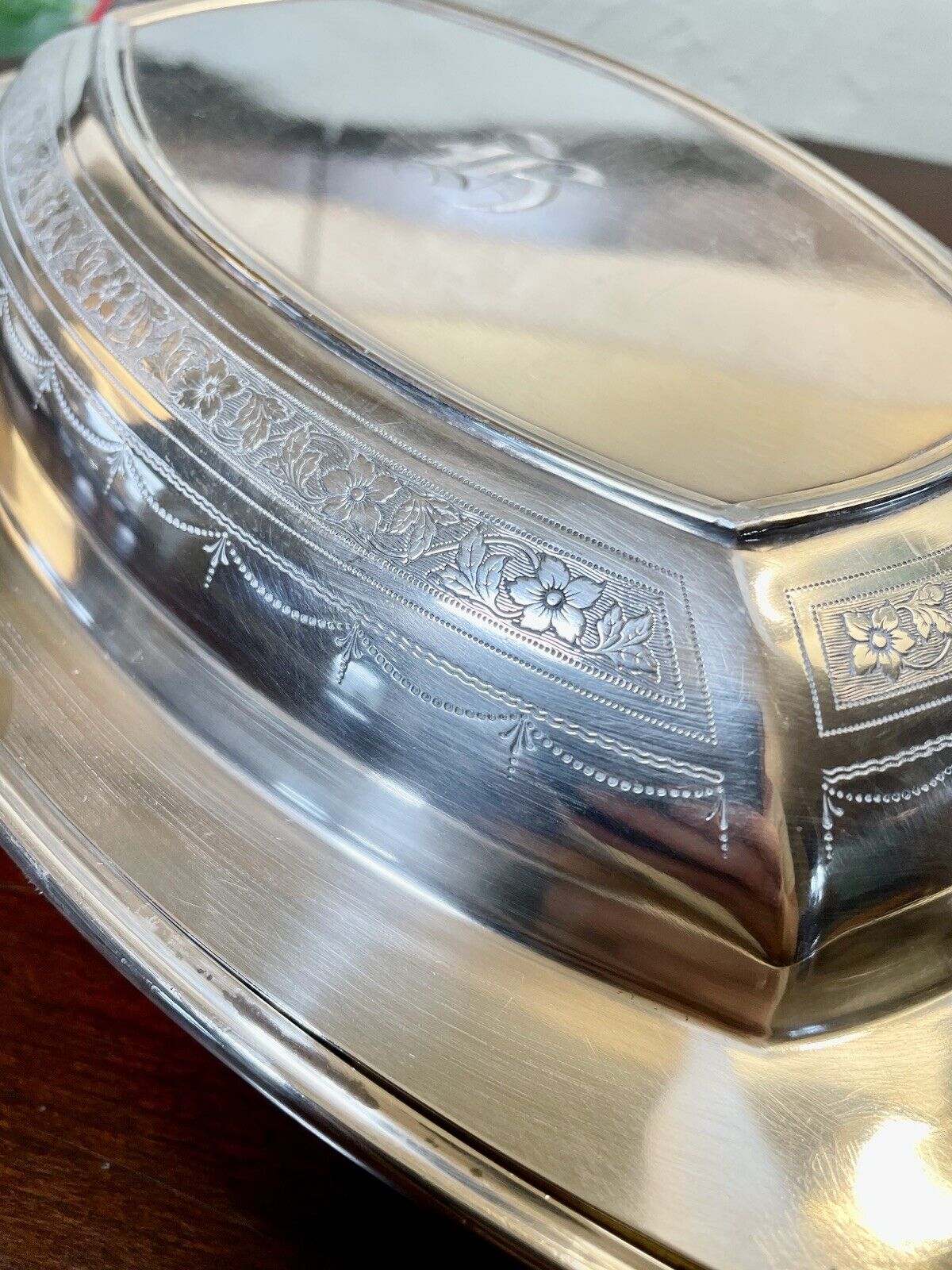 Antique Lidded Silverplate Edwardian Entree Dish Monogrammed Chased COMMUNITY