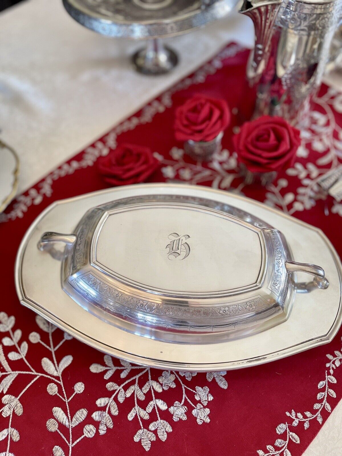 Antique Lidded Silverplate Edwardian Entree Dish Monogrammed Chased COMMUNITY