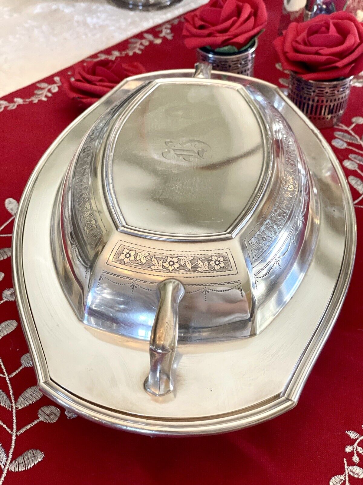 Antique Lidded Silverplate Edwardian Entree Dish Monogrammed Chased COMMUNITY