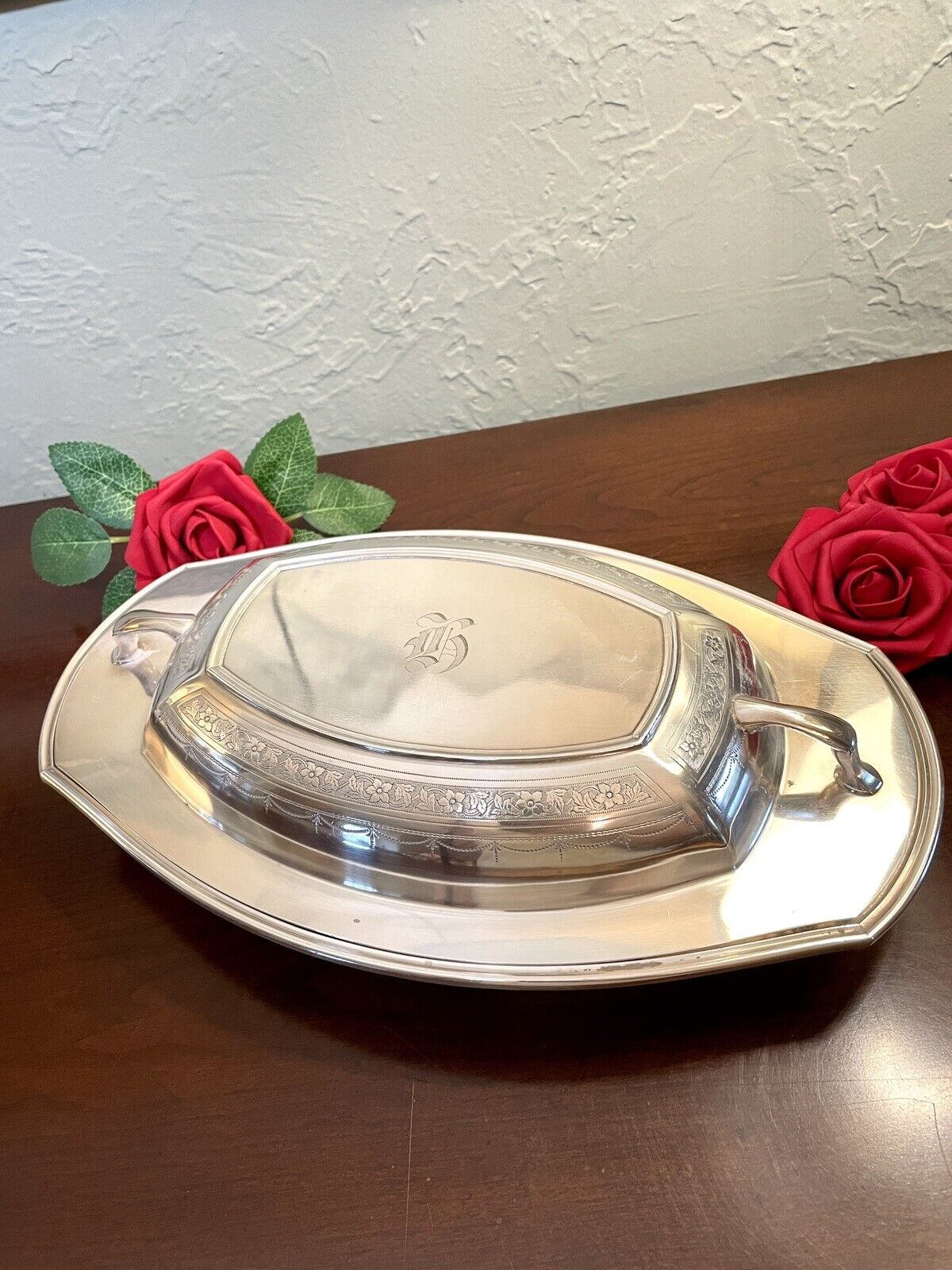 Antique Lidded Silverplate Edwardian Entree Dish Monogrammed Chased COMMUNITY
