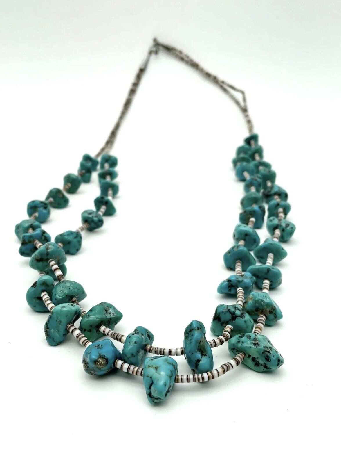Vintage 2 Strand Turquoise Nugget Necklace With Olive Shell Heishi