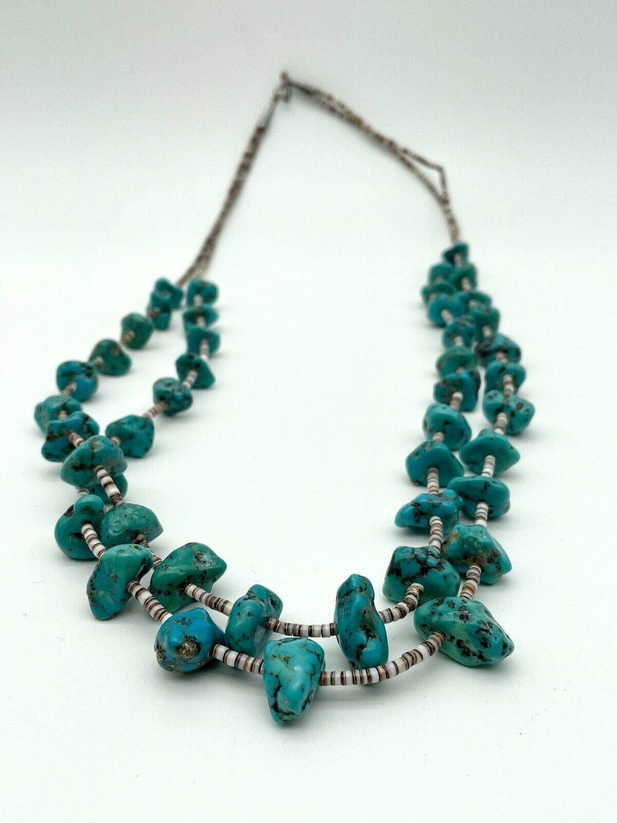 Vintage 2 Strand Turquoise Nugget Necklace With Olive Shell Heishi
