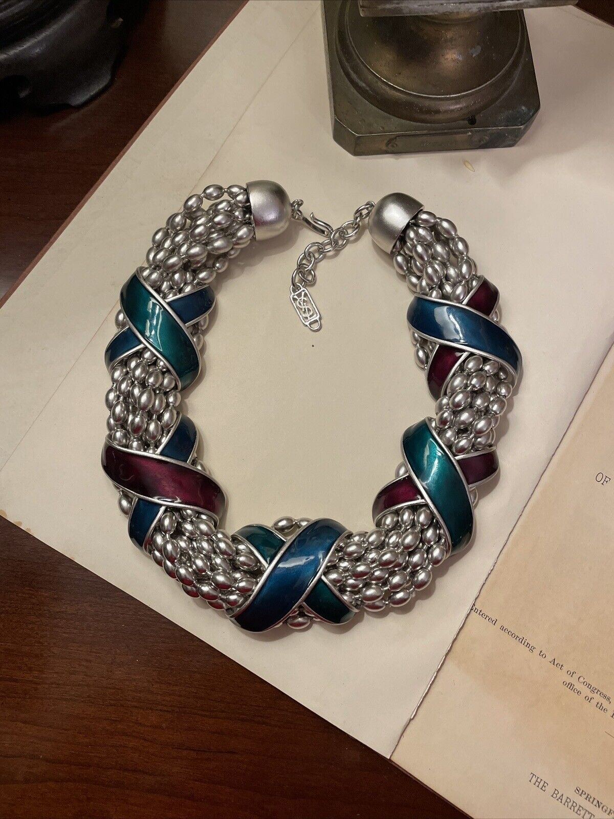 YSL Yves Saint Laurent Necklace Enamel Slide Silver Love Knot Beaded Signed