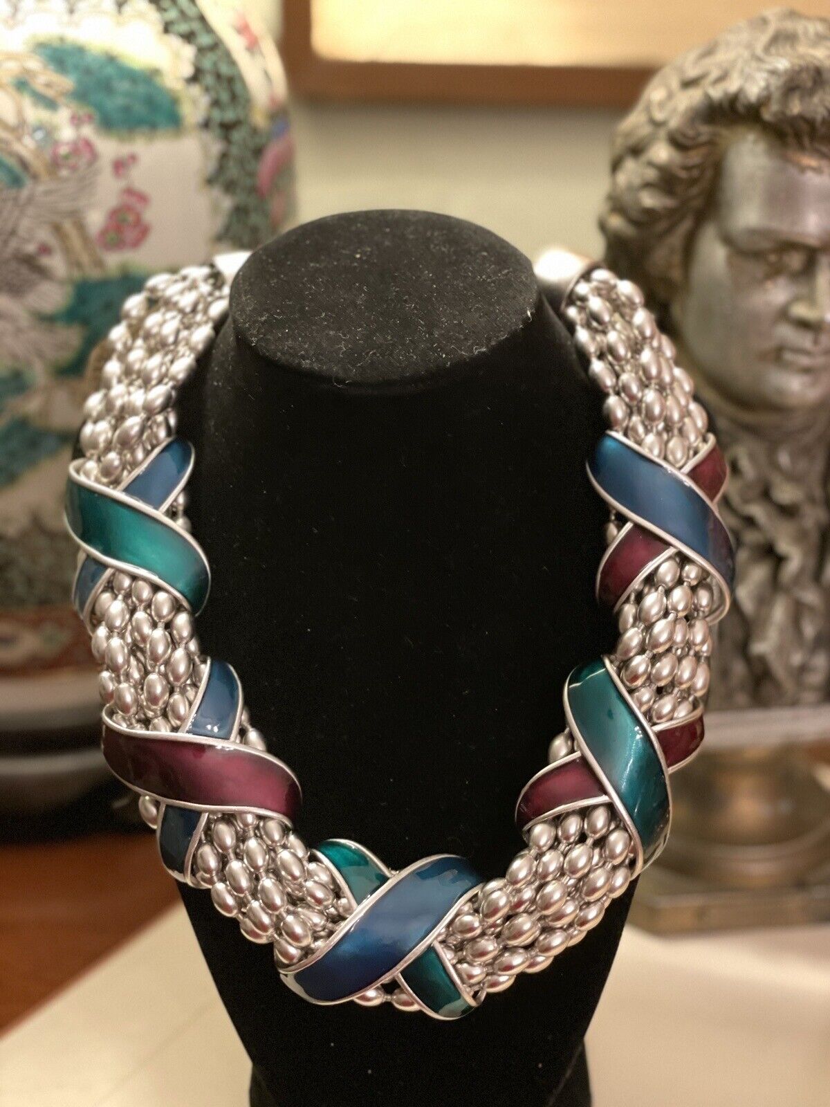 YSL Yves Saint Laurent Necklace Enamel Slide Silver Love Knot Beaded Signed