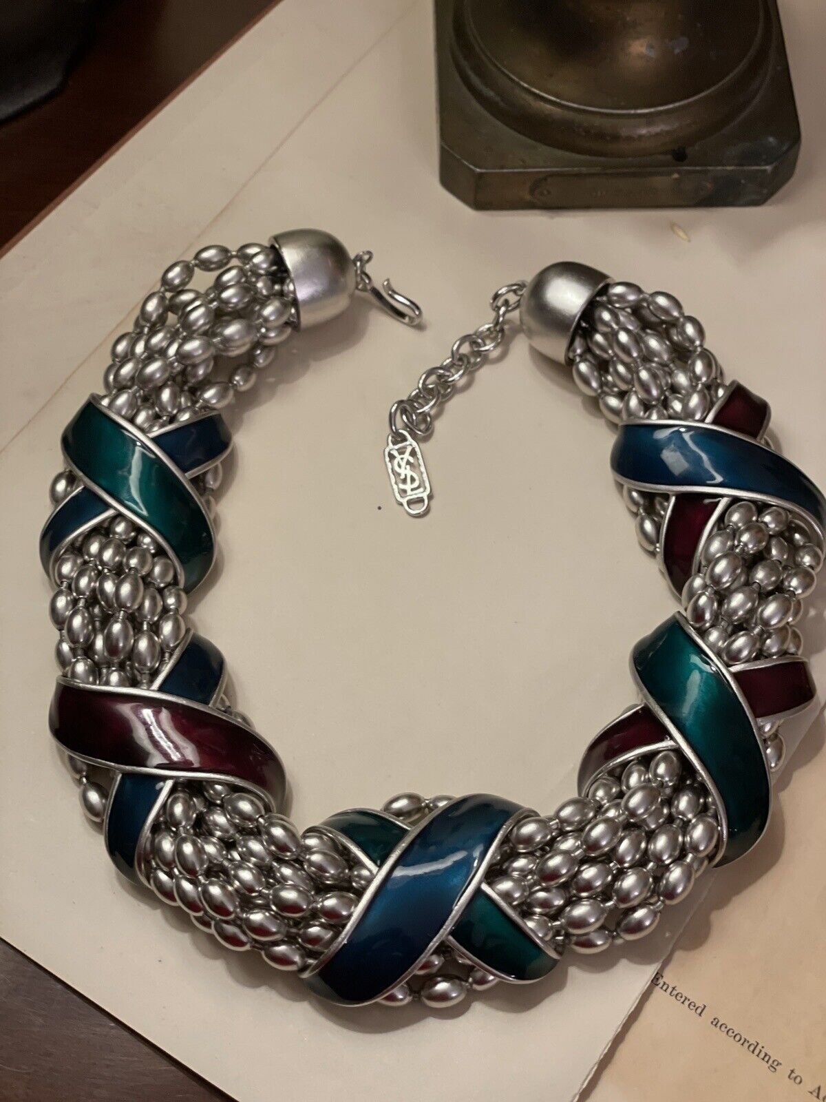 YSL Yves Saint Laurent Necklace Enamel Slide Silver Love Knot Beaded Signed