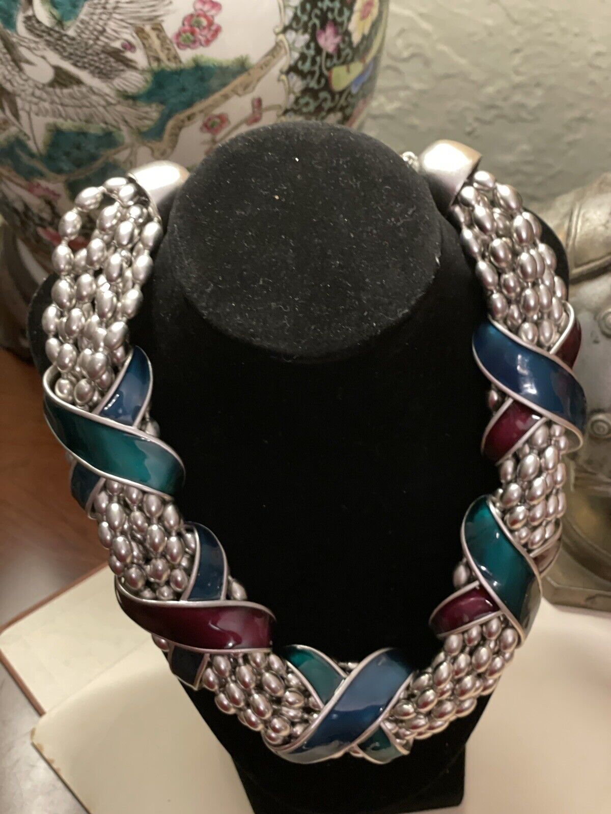 YSL Yves Saint Laurent Necklace Enamel Slide Silver Love Knot Beaded Signed