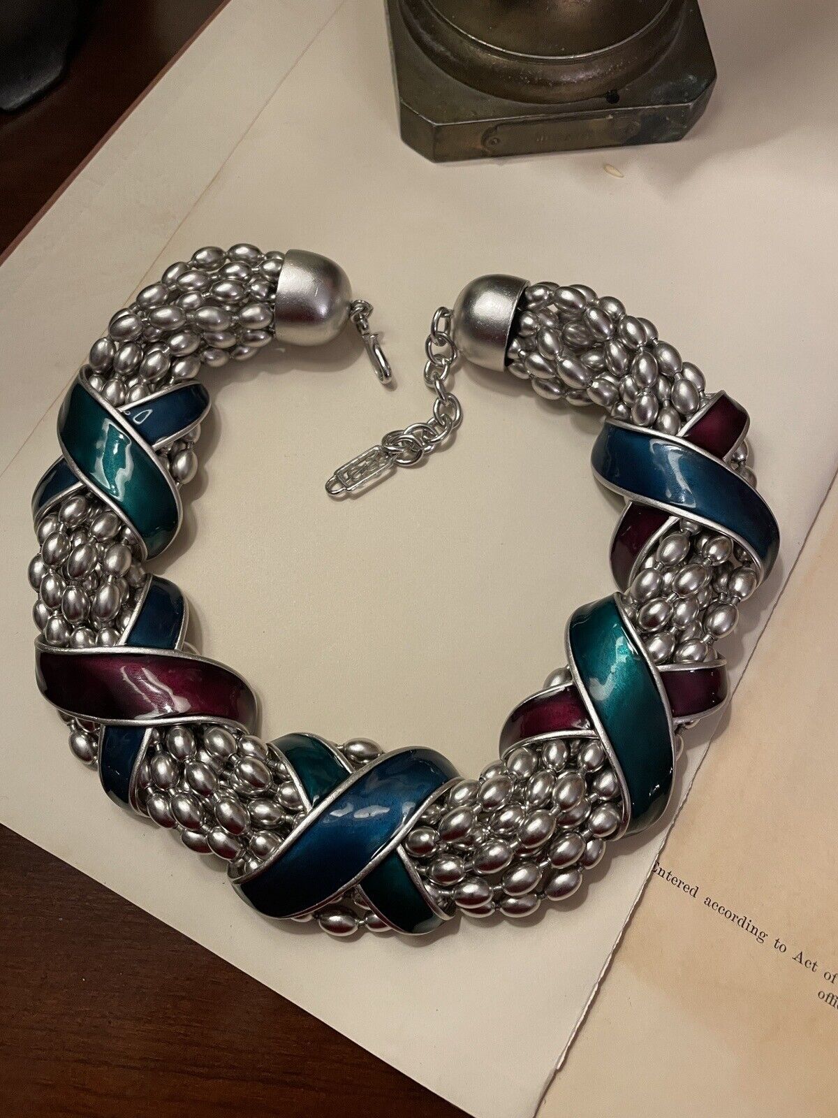 YSL Yves Saint Laurent Necklace Enamel Slide Silver Love Knot Beaded Signed