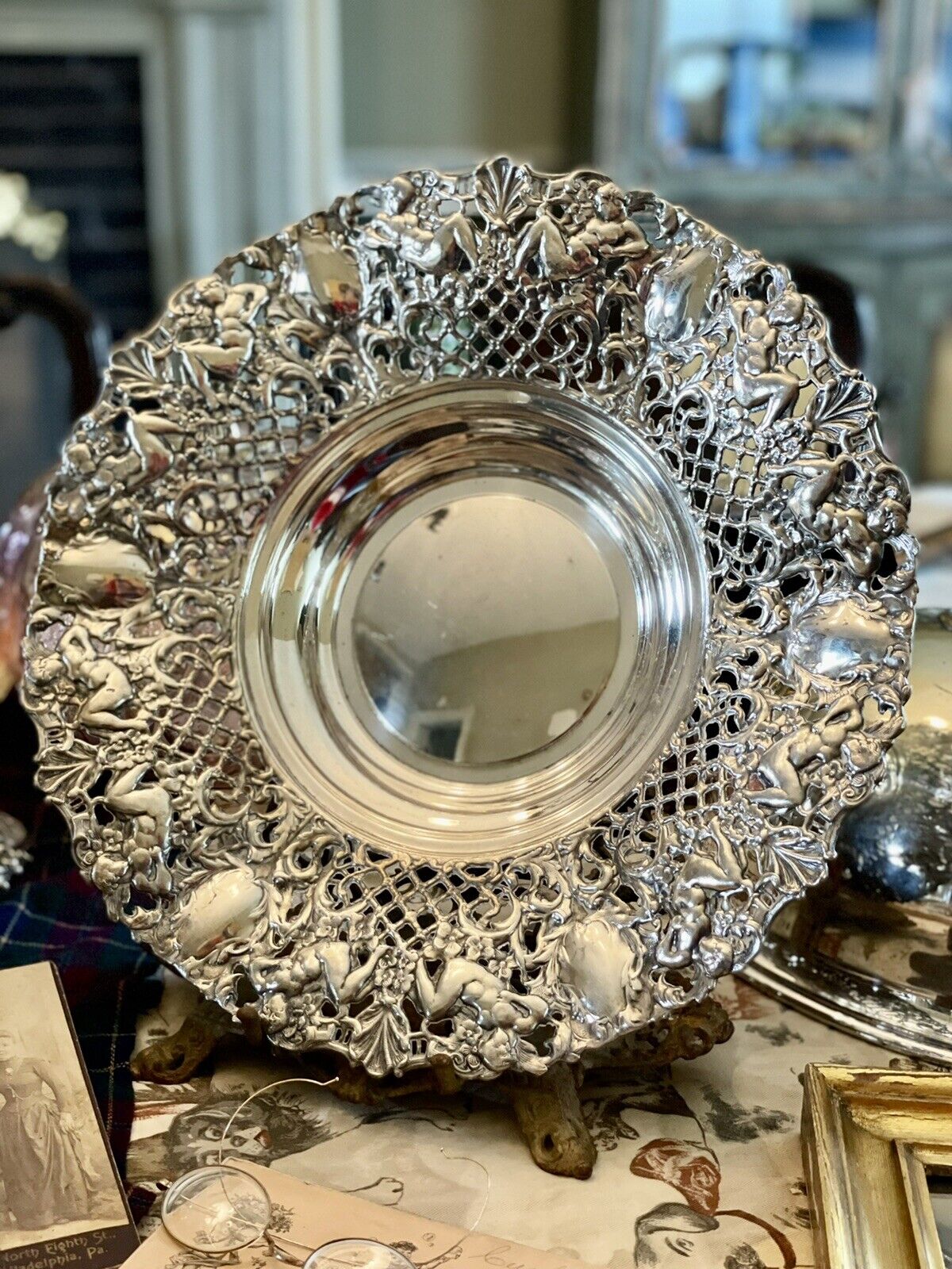 FOOTED BOWL WITH CHERUBS RETICULATED Silverplate Exquisite WA SPAIN