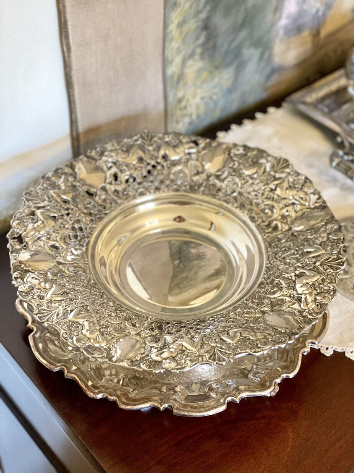 FOOTED BOWL WITH CHERUBS RETICULATED Silverplate Exquisite WA SPAIN