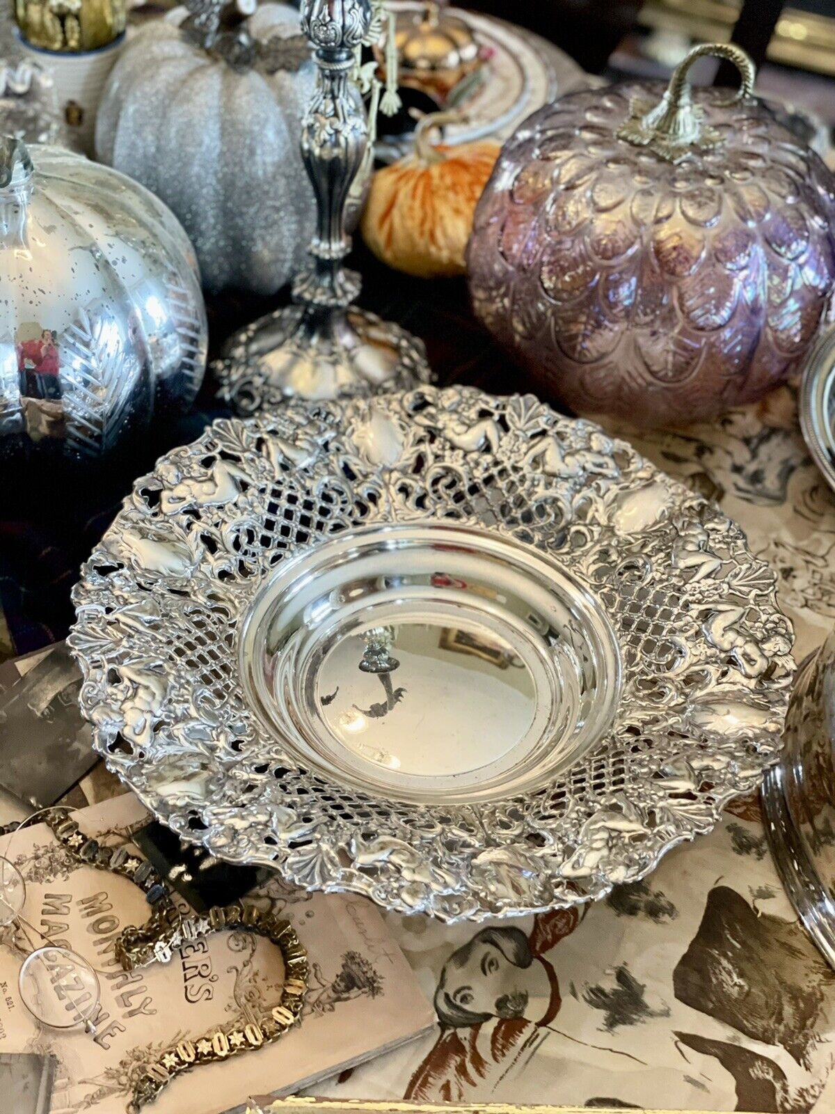 FOOTED BOWL WITH CHERUBS RETICULATED Silverplate Exquisite WA SPAIN