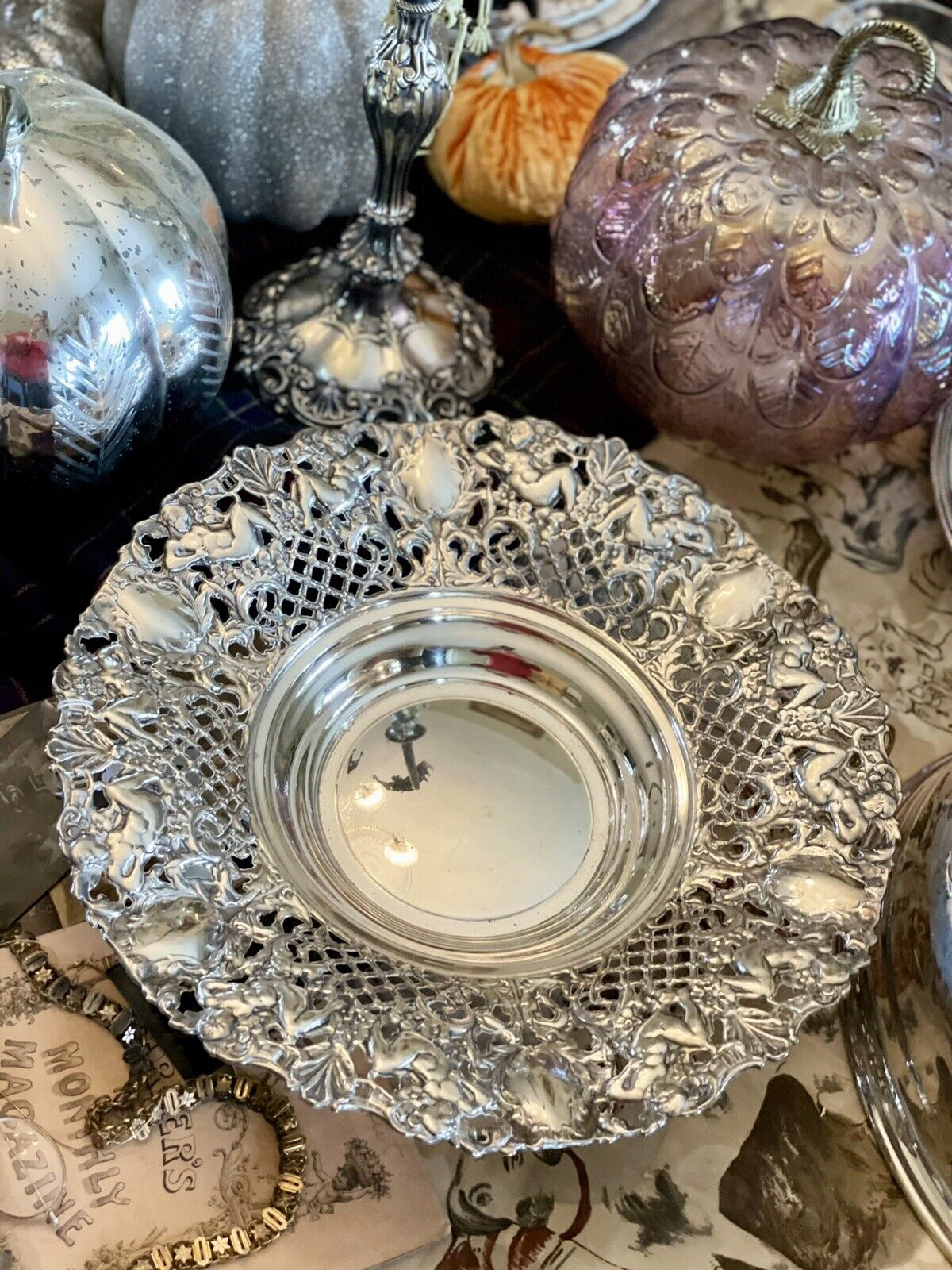 FOOTED BOWL WITH CHERUBS RETICULATED Silverplate Exquisite WA SPAIN