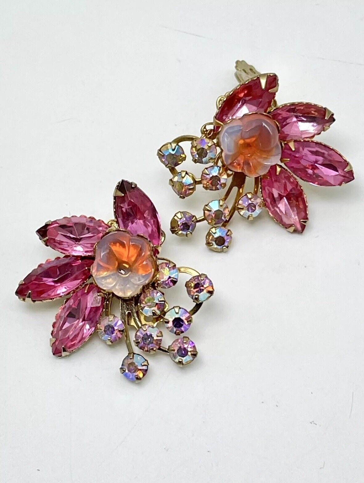Vintage Pair BEAU JEWELS Pink Rhinestone Earrings AB Accents SIGNED