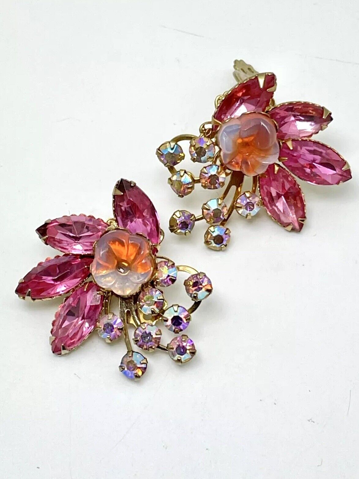 Vintage Pair BEAU JEWELS Pink Rhinestone Earrings AB Accents SIGNED