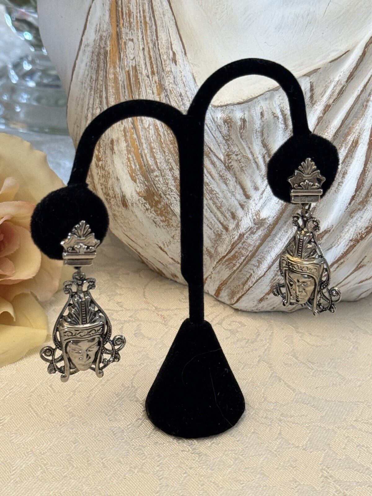 Silver Tone Ethnic Face Dangler Earrings VINTAGE Screw Back