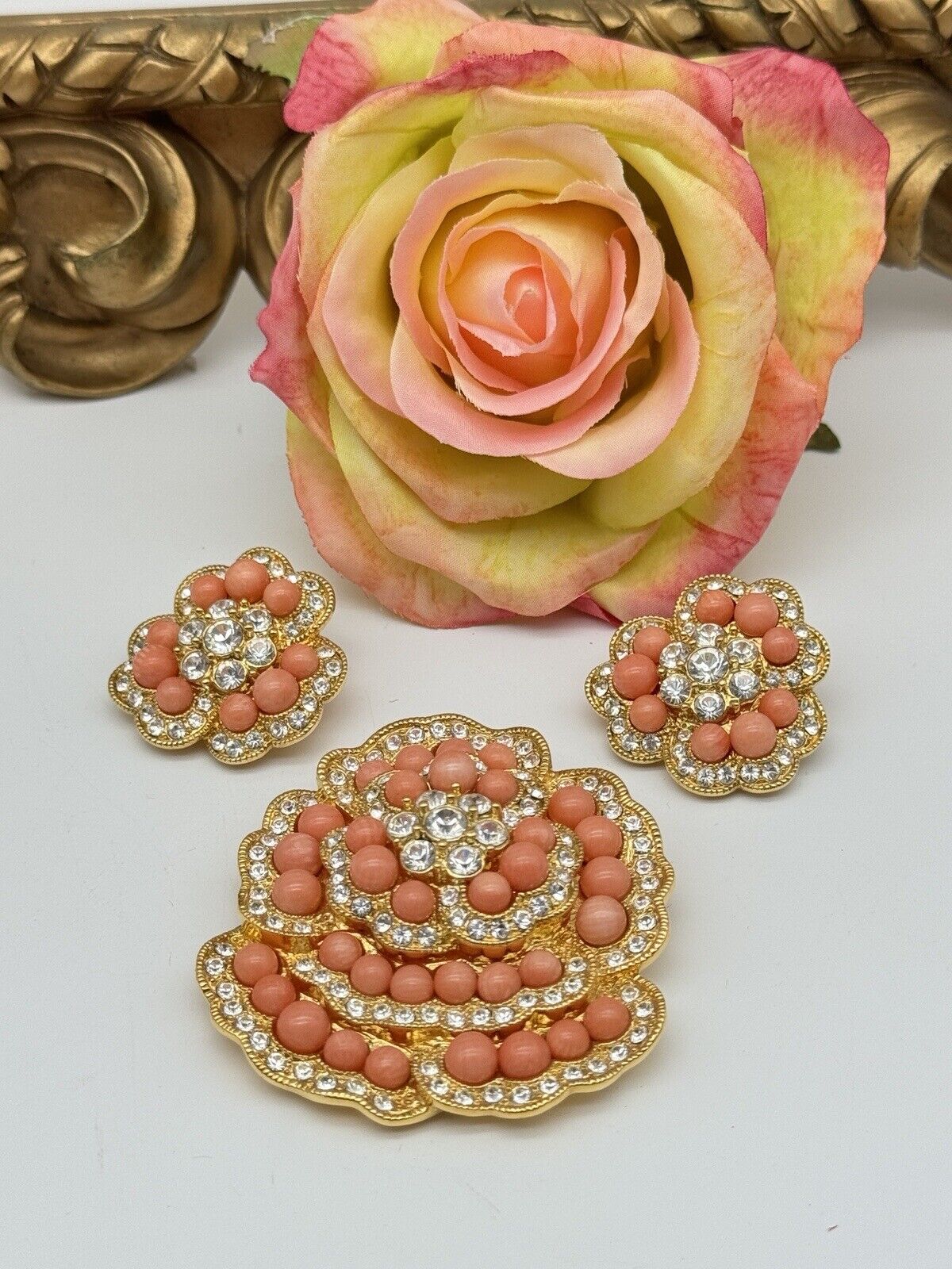 CAMROSE & KROSS Jackie Kennedy Jewelry Set Faux Coral Brooch Earrings JBK Estate Find