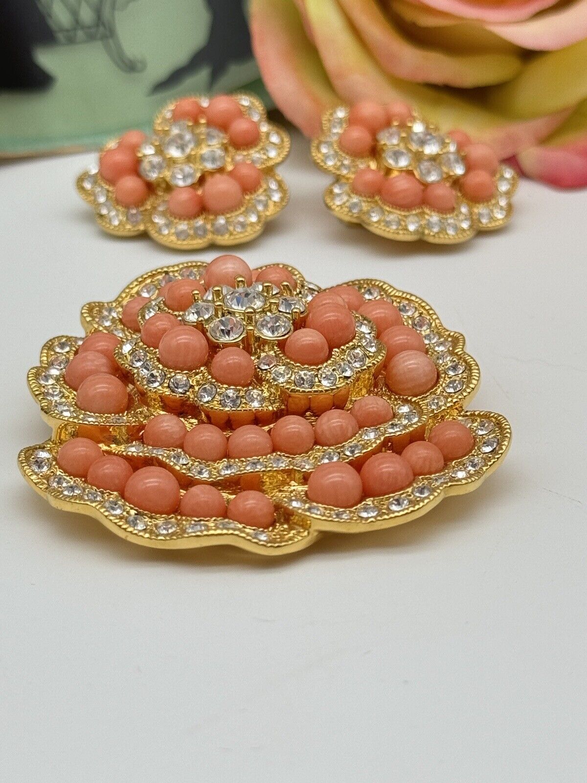 CAMROSE & KROSS Jackie Kennedy Jewelry Set Faux Coral Brooch Earrings JBK Estate Find
