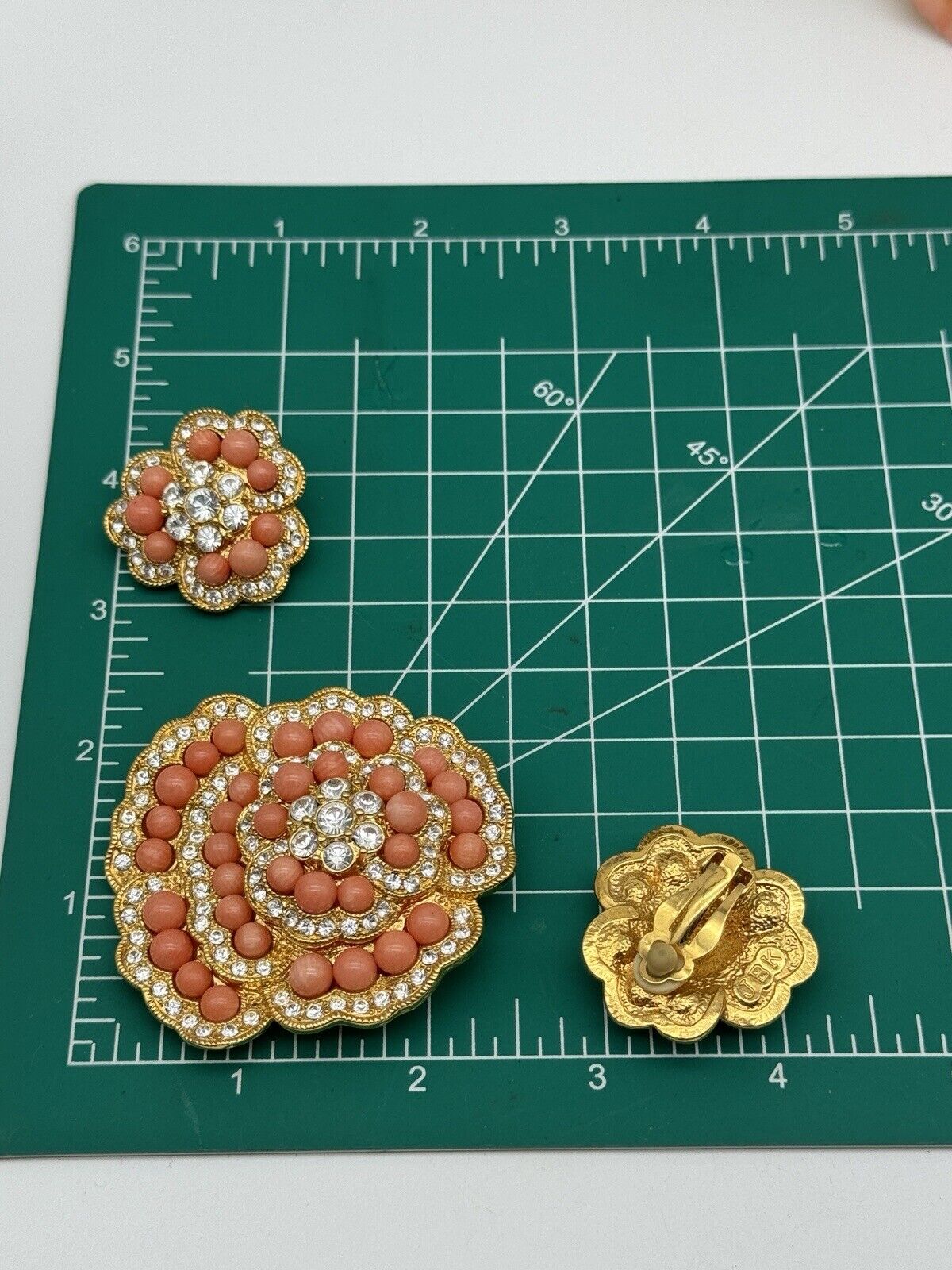 CAMROSE & KROSS Jackie Kennedy Jewelry Set Faux Coral Brooch Earrings JBK Estate Find