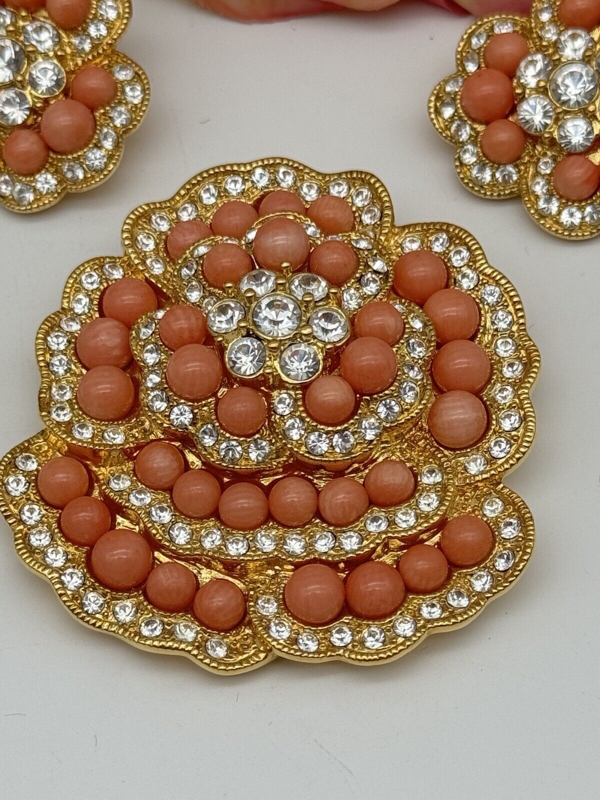 CAMROSE & KROSS Jackie Kennedy Jewelry Set Faux Coral Brooch Earrings JBK Estate Find