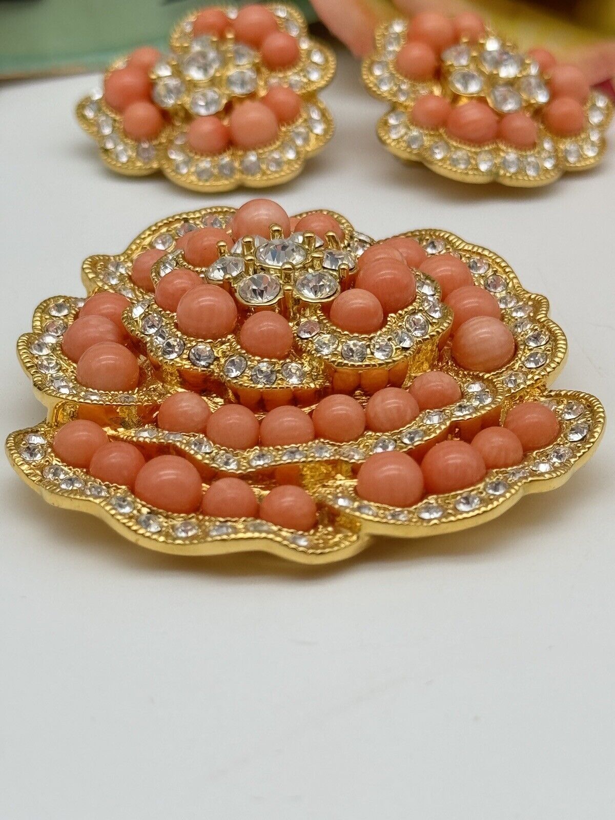 CAMROSE & KROSS Jackie Kennedy Jewelry Set Faux Coral Brooch Earrings JBK Estate Find