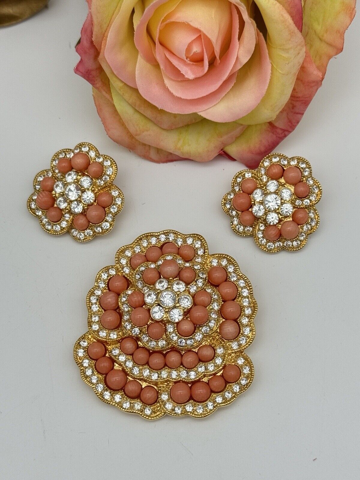 CAMROSE & KROSS Jackie Kennedy Jewelry Set Faux Coral Brooch Earrings JBK Estate Find
