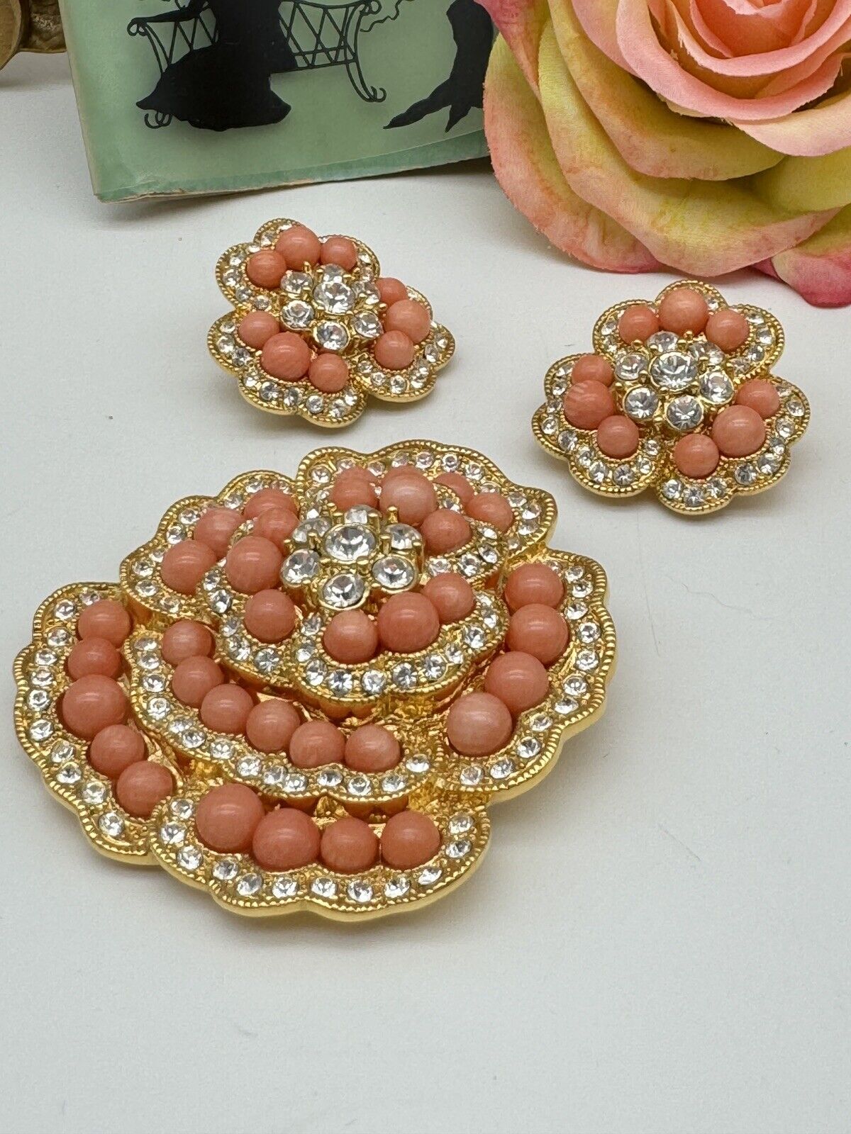 CAMROSE & KROSS Jackie Kennedy Jewelry Set Faux Coral Brooch Earrings JBK Estate Find