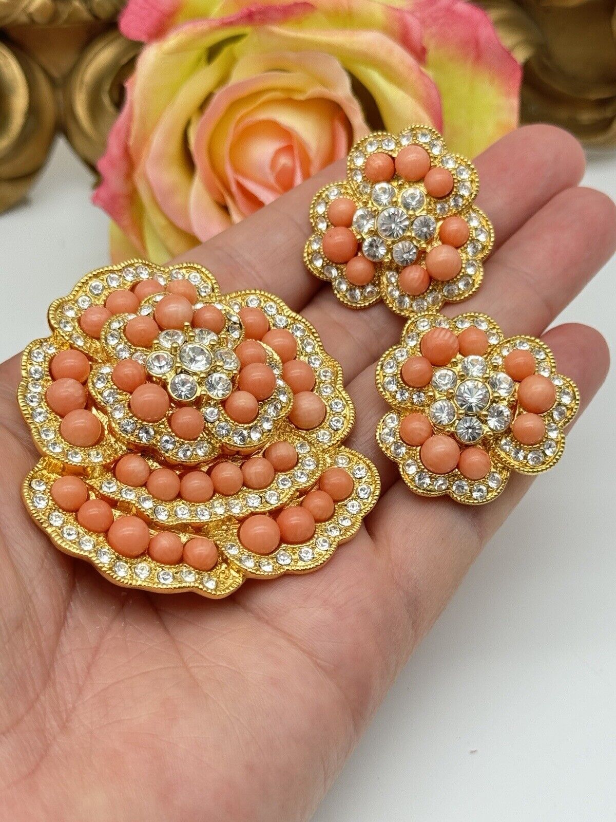 CAMROSE & KROSS Jackie Kennedy Jewelry Set Faux Coral Brooch Earrings JBK Estate Find