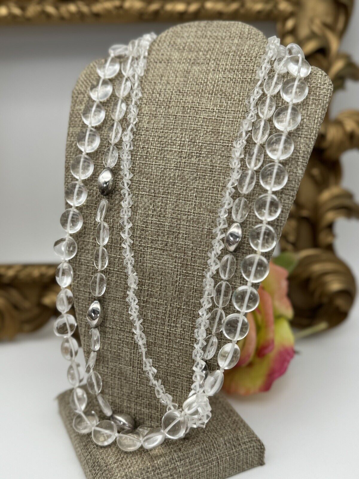 VTG 3 Strand Clear Glass Pool Of Light STYLE Silvertone Accent Beads 18” + 2”