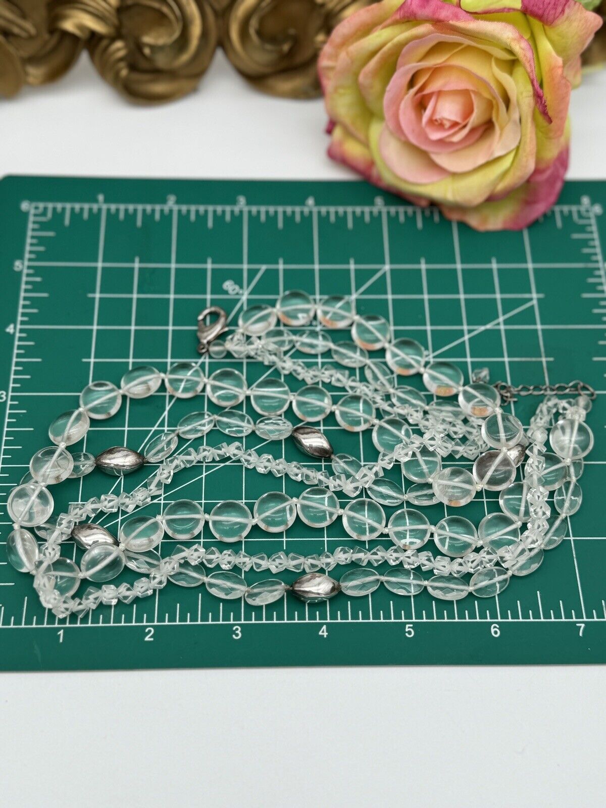 VINTAGE 3 Strand Clear Glass Pool Of Light STYLE Silvertone Accent Beads 18” + 2”
