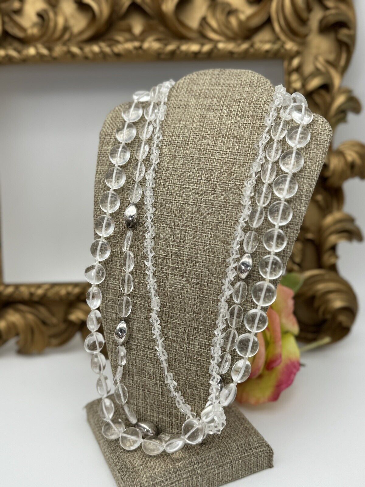 VTG 3 Strand Clear Glass Pool Of Light STYLE Silvertone Accent Beads 18” + 2”