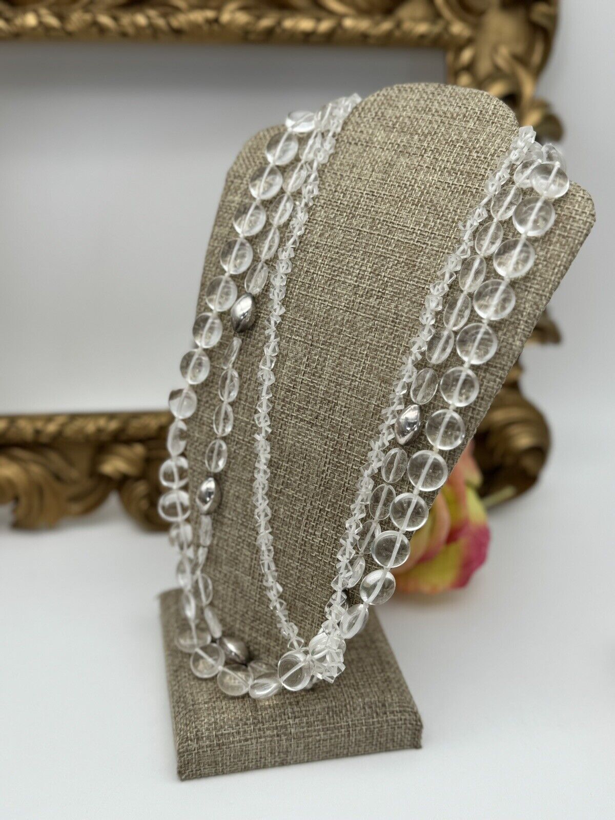 VTG 3 Strand Clear Glass Pool Of Light STYLE Silvertone Accent Beads 18” + 2”