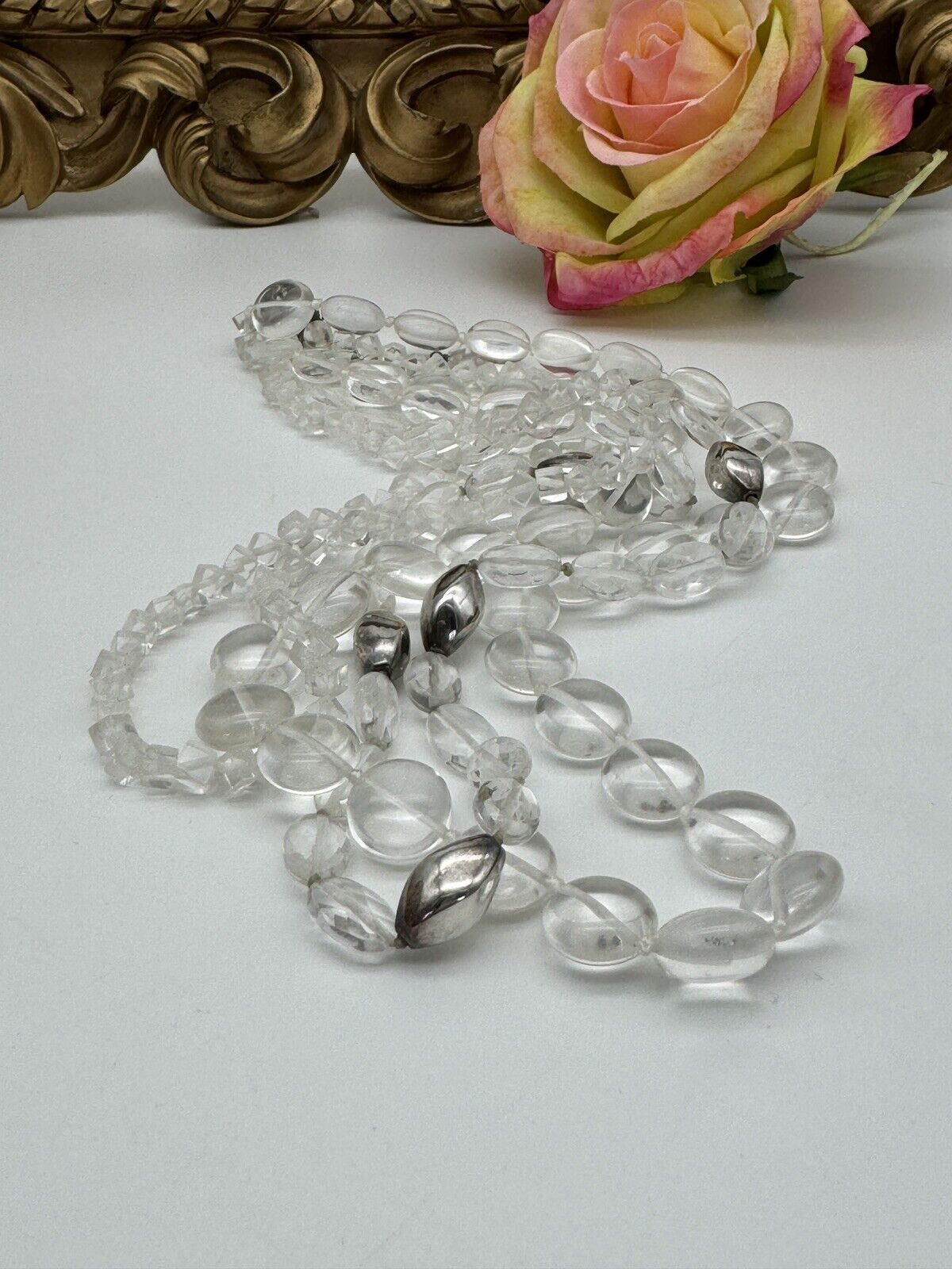 VTG 3 Strand Clear Glass Pool Of Light STYLE Silvertone Accent Beads 18” + 2”