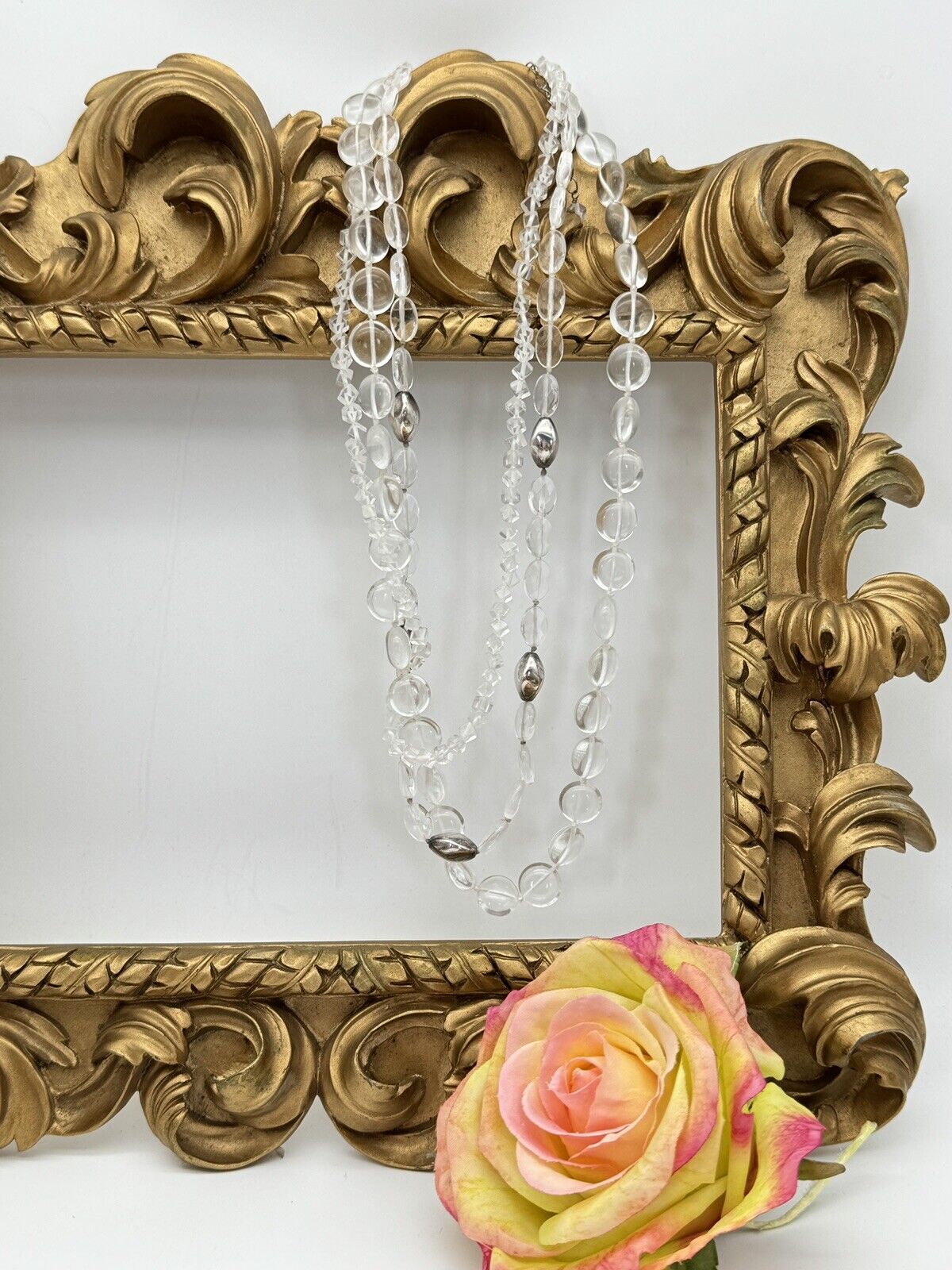 VTG 3 Strand Clear Glass Pool Of Light STYLE Silvertone Accent Beads 18” + 2”