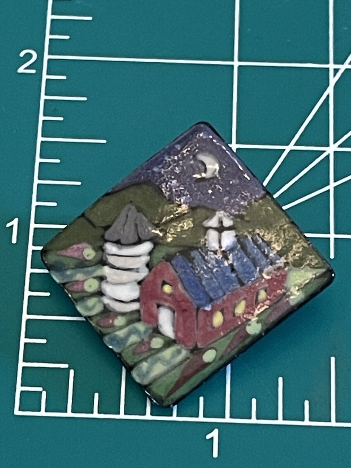 Farmhouse Brooch Artisan Mary Vaughn Ceramic Hand Made VINTAGE