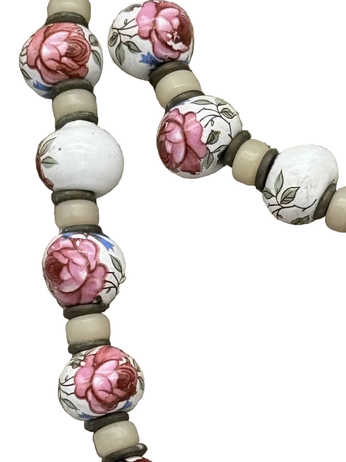 Vintage Necklace Painted Rose Porcelain Beads With Glass 27“ ESTATE FIND