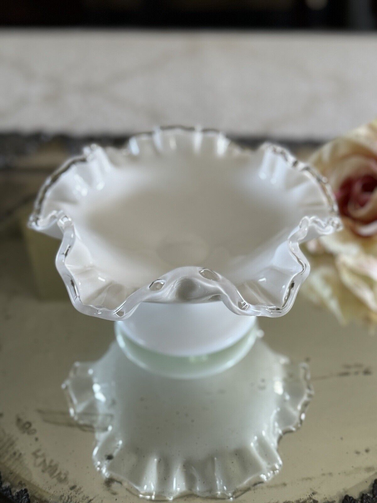 Fenton Silver Crest Style White Milk Glass Ruffled Crimped Rim Bowl VINTAGE