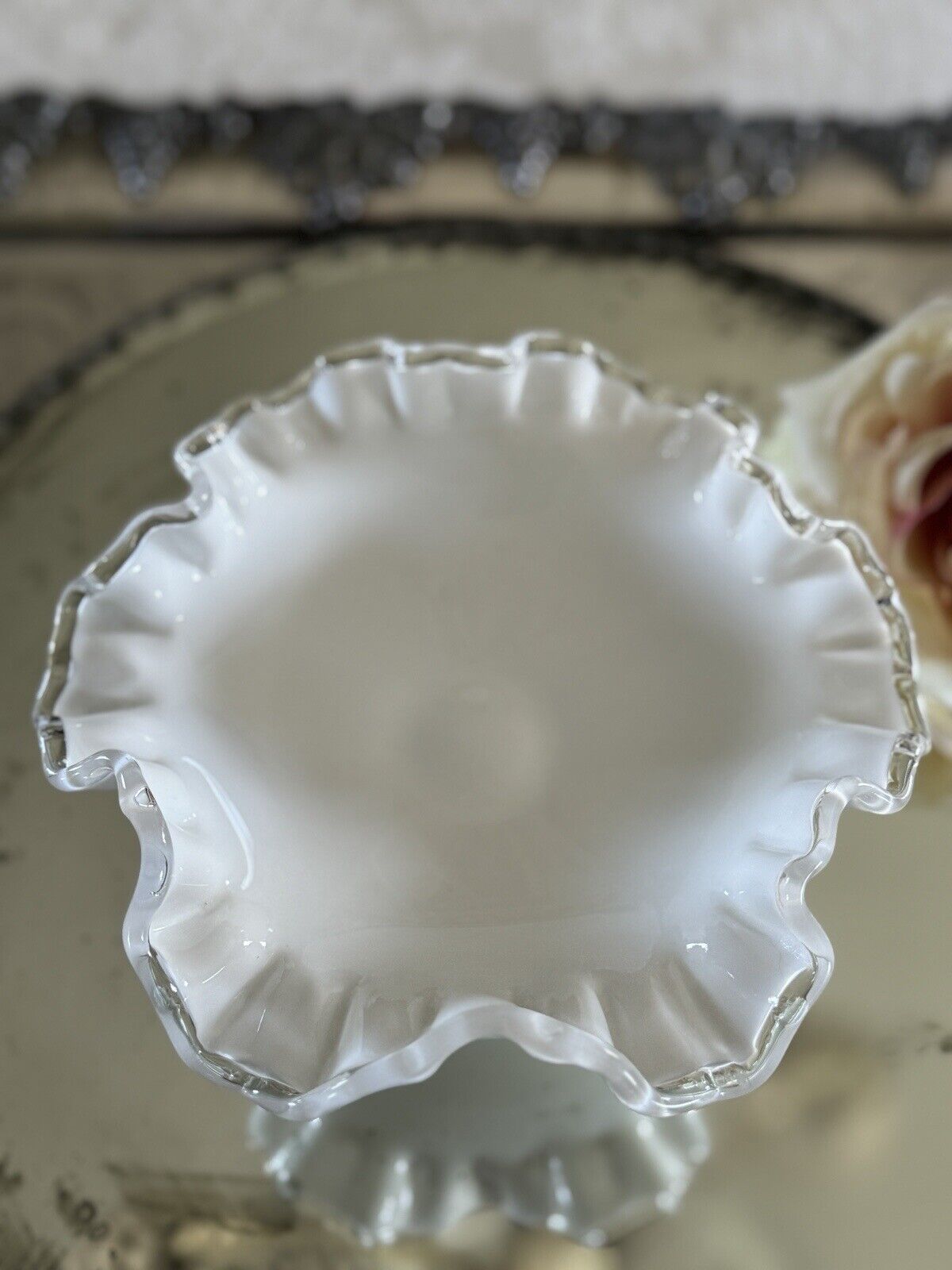 Fenton Silver Crest Style White Milk Glass Ruffled Crimped Rim Bowl VINTAGE