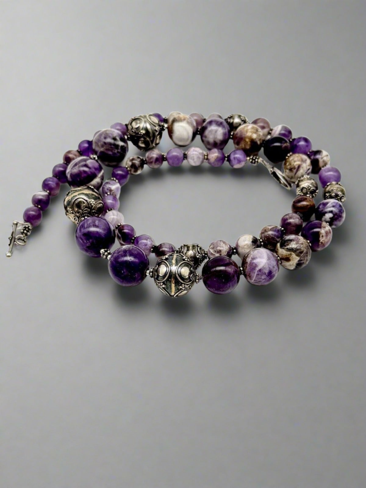 Chunky Purple Amethyst Sterling Silver Necklace Scroll Beads 28” By MERAN