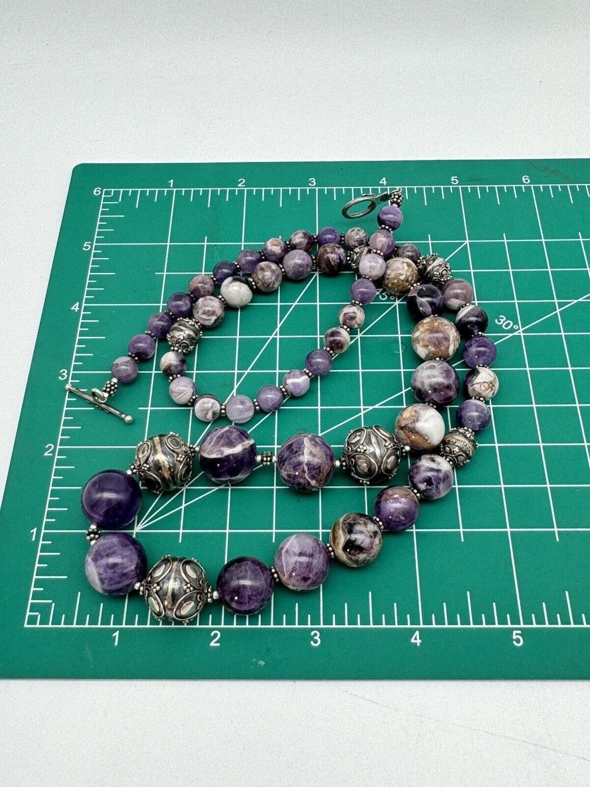 Chunky Purple Amethyst Sterling Silver Necklace Scroll Beads 28” By MERAN