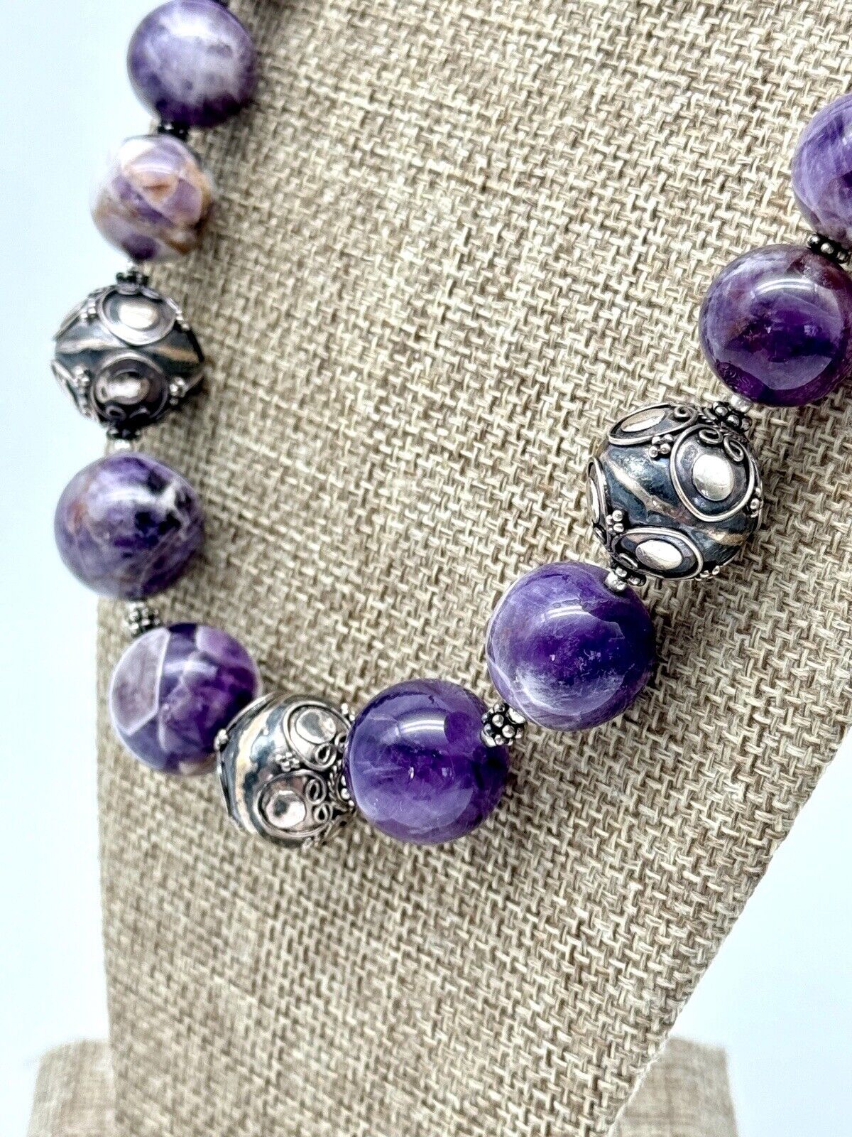 Chunky Purple Amethyst Sterling Silver Necklace Scroll Beads 28” By MERAN