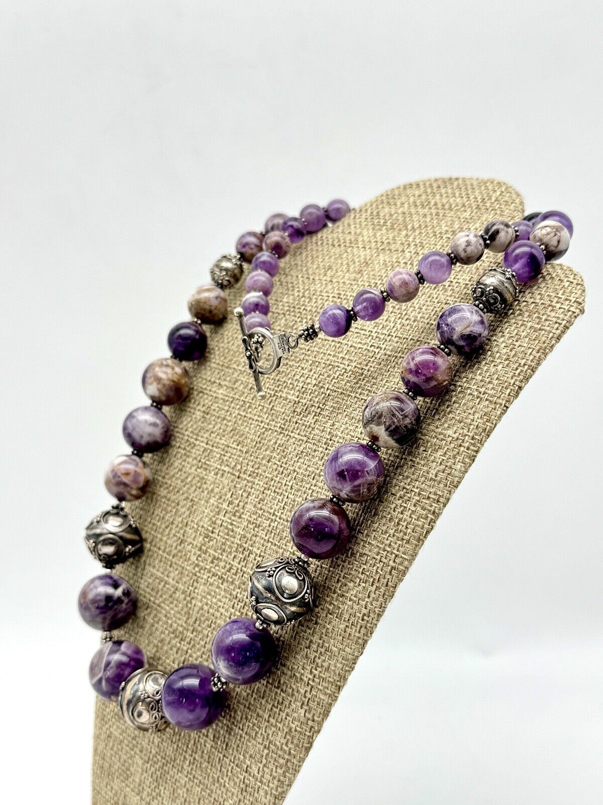 Chunky Purple Amethyst Sterling Silver Necklace Scroll Beads 28” By MERAN